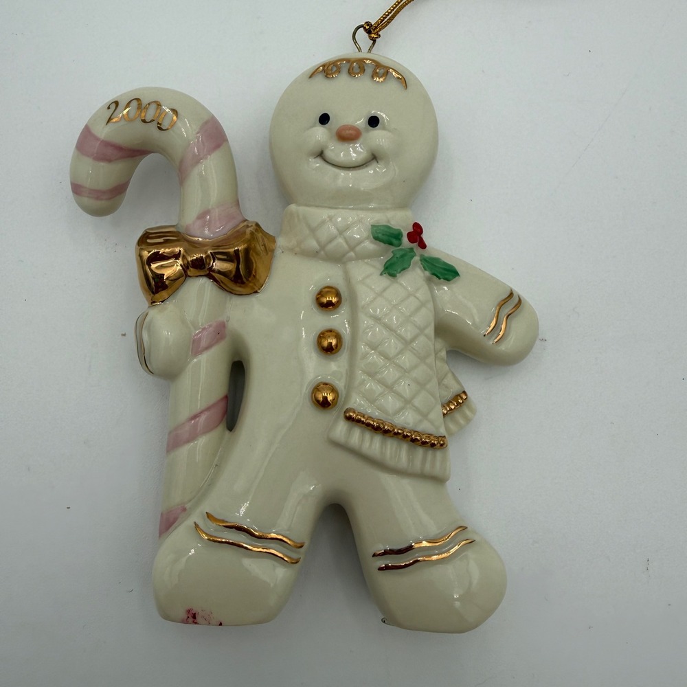 Lenox 2000 Gingerbread‎ Man Candy Cane Ivory China Gold Trim Christmas Ornament